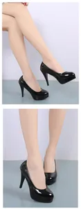 Side and front detail of elegant black patent leather platform high heels on model