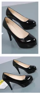 Side view of elegant black patent leather platform high heels with stiletto heel.