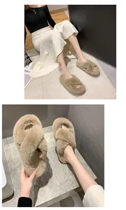 Soft faux fur cross-strap slippers for women in a plush warm khaki finish