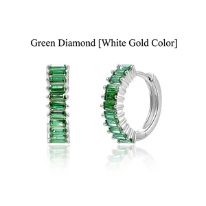 Elegant baguette-cut green zircon hoop earrings in white gold finish for women