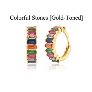 Gold hoop earrings featuring rainbow baguette-cut zircons in a multi-colored design.