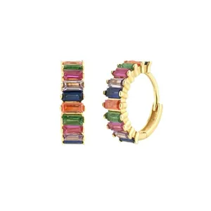 Multi-color baguette cubic zirconia gold hoop earrings for women, minimalist rainbow jewelry
