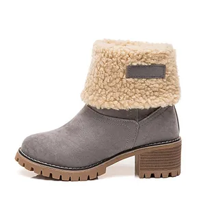 Vista lateral de botas de invierno grises con forro de lana beige y tacón grueso