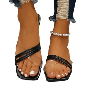 Stylish women's square toe flat sandals with black and transparent cross straps.