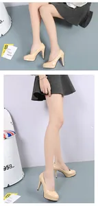 Side view detail of beige round-toe platform stiletto pumps for women's elegant office wear