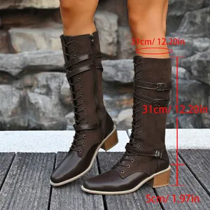 Detailed dimensions and sizing of brown lace-up riding boots with stylish 5cm block heel