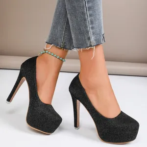 Women Sexy Ultra High Heel Stiletto Pumps Sequin Glitter Platform Party Dress Shoes Solid Color Nightclub Rubber Sole