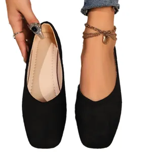 Chic black square toe loafers for women, comfy slip-on ballet flats on model