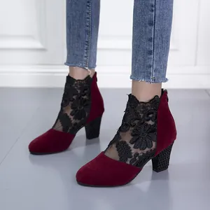 Red suede lace mesh high heel ankle boots with floral embroidery and chunky heel