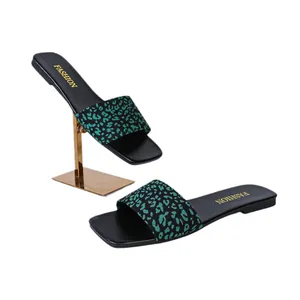 Green leopard print flat slide sandals for women with square toe and casual beach style