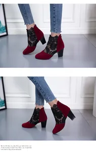 Elegant wine red lace mesh ankle boots with chunky rhinestone heels for women.
