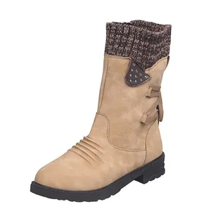 Stylish women's mid-calf khaki winter boots featuring a warm knitted cuff and low block heel.
