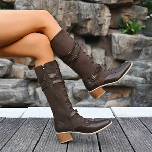 Brown lace-up knee-high knight boots with buckle details and thick heels