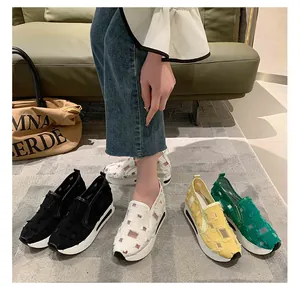 Women's casual platform slip-on shoes featuring patchwork fabric in four vibrant colors