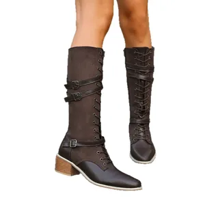 Classic women's brown buckle lace-up knee-high boots with round toe and block heel