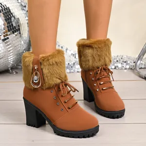 Detail view of brown high heel winter boots with fluffy fur trim and rhinestones