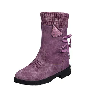 Elegant purple mid-calf suede boots with knitted cuff and side lace-up bow detail