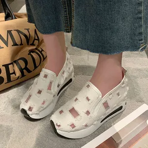 Women Fashion Canvas Patchwork Platform Loafers Casual Slip On Mesh Breathable Height Increasing Sneakers Flat Shoes