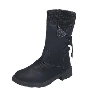Black mid-calf women boots with knitted collar and tie back detail, low square heel