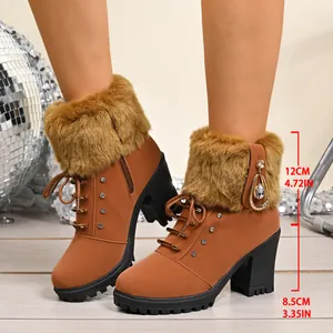 Brown faux fur ankle boots featuring an 8.5cm block heel and measurement info