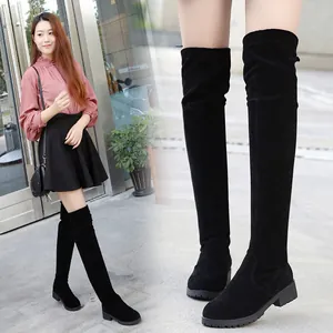 Damen Schwarz Wildleder Overknee Stiefel Runde Zehe Niedriger Absatz Warme Lange Stiefel Mit Schleife Lässige Winterschuhe