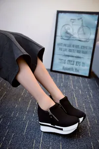 Vista detallada de zapatillas de plataforma negras con cremallera y suela blanca gruesa