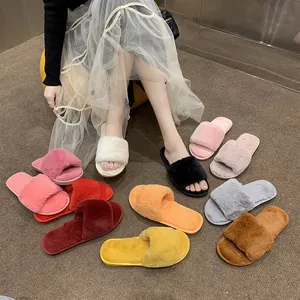 Women Faux Fur Cross Strap Open Toe Slippers Winter Soft Plush Indoor Flat House Shoes Warm Non-Slip Bedroom Slippers