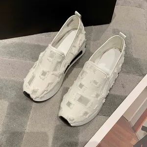 Stylish white platform slip-on shoes with distressed patchwork fabric for women's daily wear