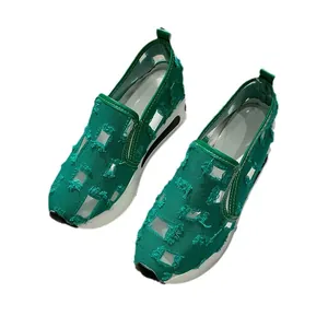 Stylish women's green frayed denim patchwork platform slip-on shoes casual sneakers