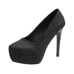 Elegante zwarte glitter pumps met plateau en hoge naaldhakken voor dames avondmode