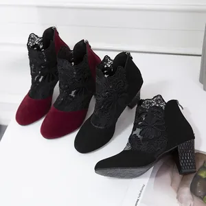 Elegant women's lace mesh high-heeled ankle boots featuring intricate floral embroidery