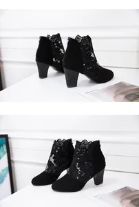 Elegant black lace mesh high-heeled sandals with chunky textured heels and back zipper