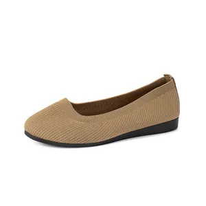 Comfortable khaki knitted ballet flats with breathable mesh fabric and round toe