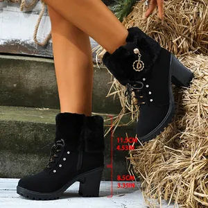 Black chunky heel ankle boots with fur trim, side view showing heel and shaft height.