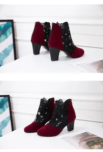 Elegant wine red lace mesh high heel boots with a sturdy chunky heel and round toe