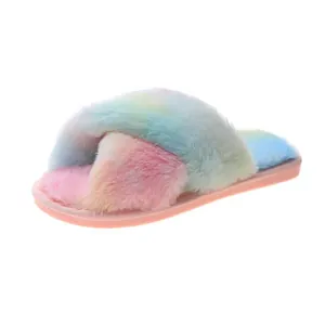 Plüschige Regenbogen-Hausschuhe aus Kunstfell mit bequemer Überkreuz-Optik für Damen zu Hause