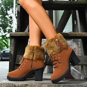 Detail of women's brown chunky heel boots with rhinestone charms and faux fur trim.