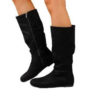 Stivali slouch neri in pelle scamosciata vintage con suola piatta per donna eleganti