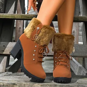 Detailed view of brown fur trim ankle boots with rhinestone accents and a stylish D charm