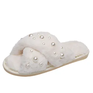 Elegant white fluffy cross-strap slippers for women with decorative faux pearl accents