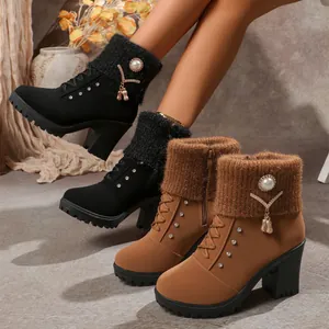 Elegant women's high heel ankle boots with pearl pendants and rhinestone details
