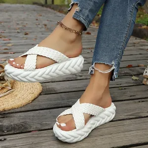 Pantofole con Zeppa e Cinturini Incrociati in Maglia da Donna Suola Morbida Casual Punta Aperta Stile Coreano Sandali Estivi