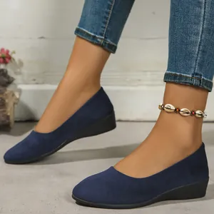 Elegant navy blue suede-like wedge flats for women, comfortable slip-on spring shoes