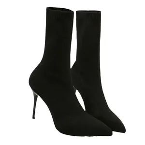 Elegante schwarze spitz zulaufende Stiletto-Stricksocken-Stiefeletten für Damenmode