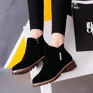 Bottines Martin en Daim pour Femmes Bout Rond Talon Bloc Fermeture Éclair Latérale Casual Couleur Unie Rétro