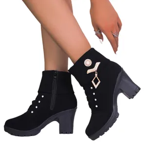 Elegant black high heel Martin boots with rhinestone and pearl details for women
