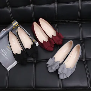 Elegant women's pointed toe suede bow ballet flats in black burgundy and grey suede