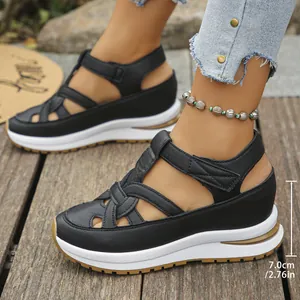 Black women's wedge sandals with 7cm platform heel and Roman style velcro straps