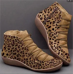 Detailed macro view of women's flat leopard print ankle boots with side zipper design