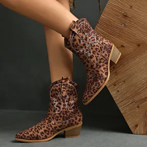 Chic leopard print suede cowboy ankle boots with chunky heel and pointed toe